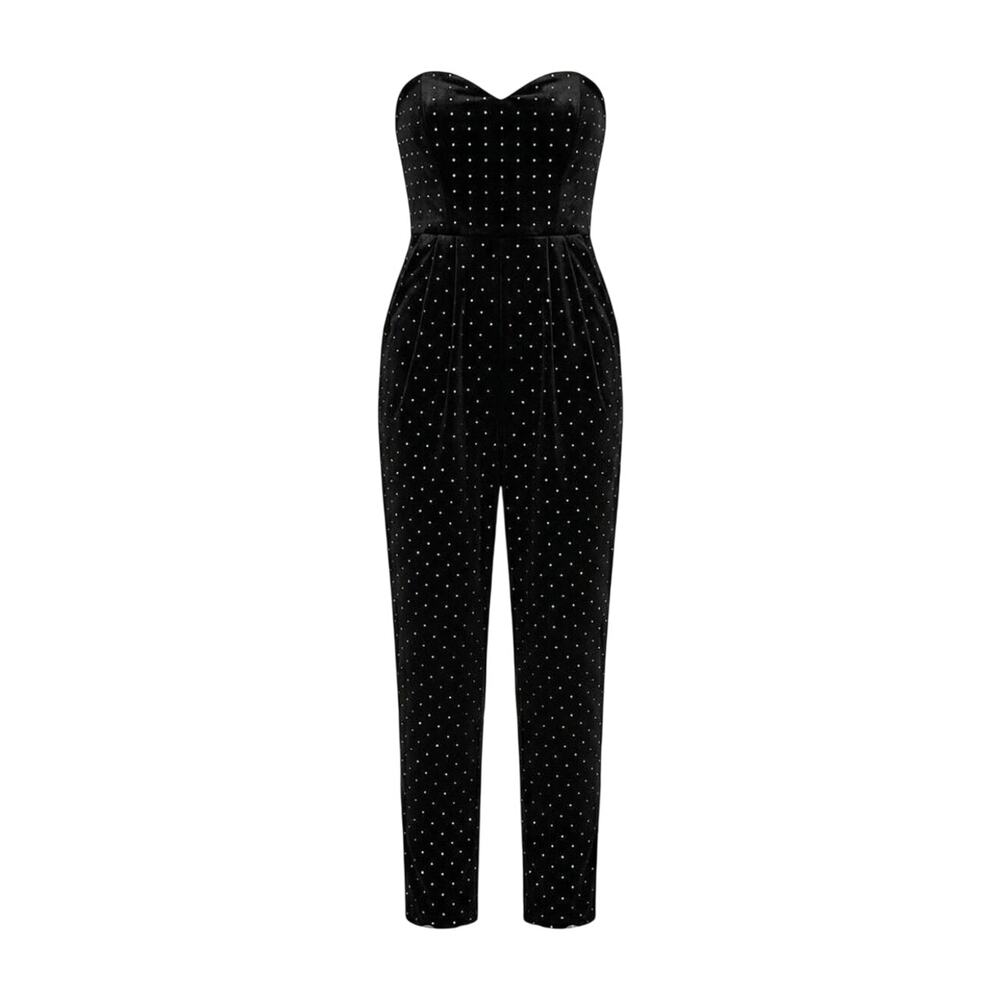 ML MONIQUE LHUILLER  Womens Studded Velvet Jumpsuit Size 10 Black Strapless Glam